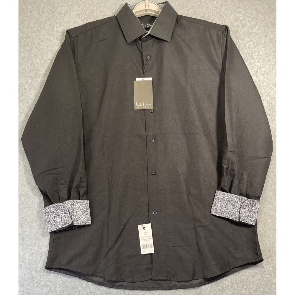 Nicole Miller NY Mens Dress Shirt Lg (16-16.5 34/35) Black Slim Fit Long Sleeve